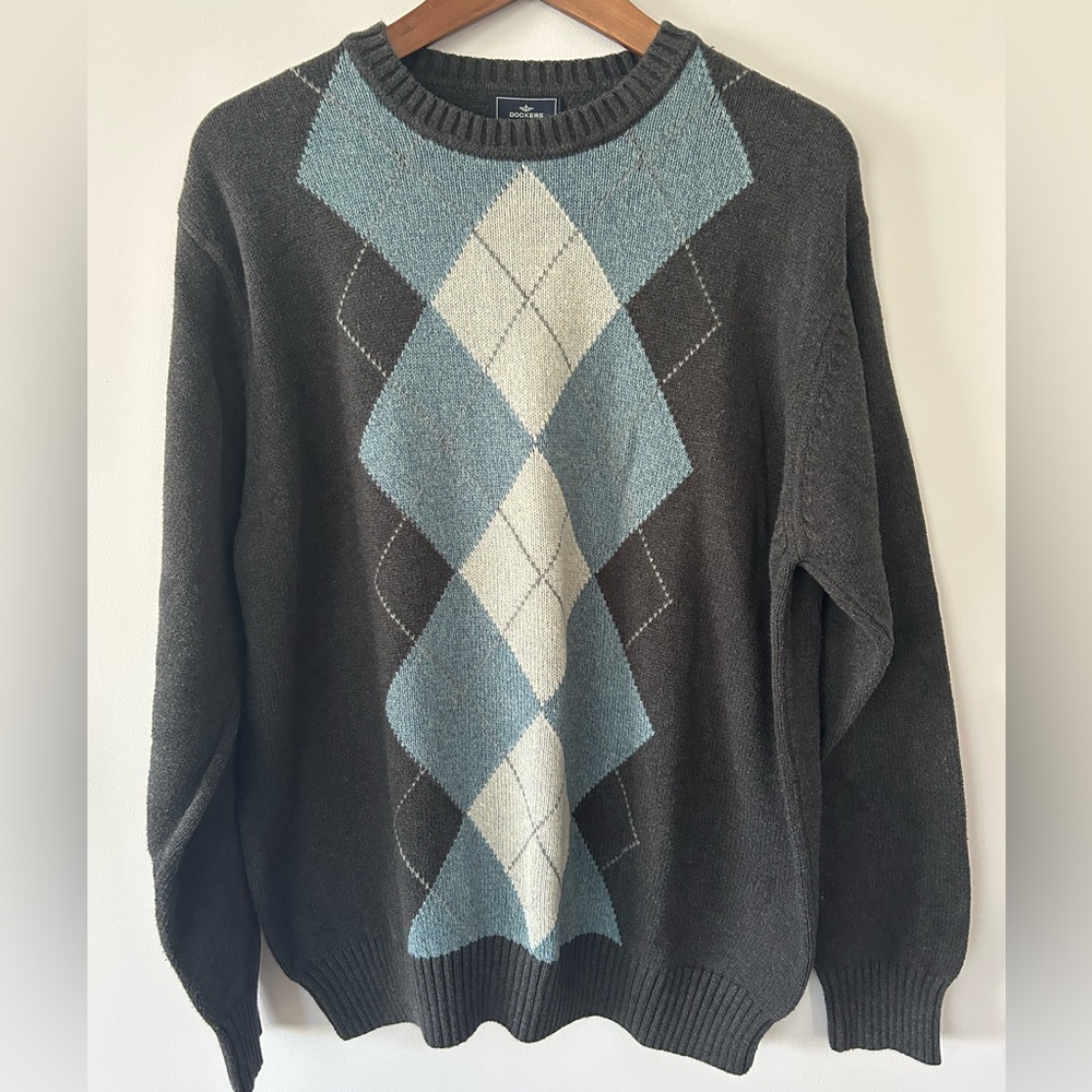 Dockers Men’s 100% Cotton Argyle Sweater, GUC, Grey/Blue, Size XL